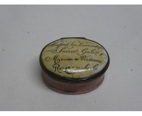A late 18th/early 19th century enamelled oval patch box with mirror interior, the hinged lid marked "Wasted By Friendships Sa
