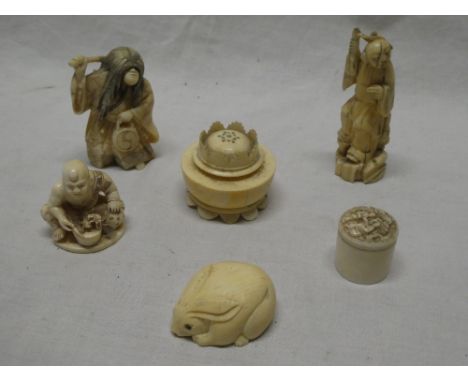 A selection of 19th century Eastern carved ivory pieces including Japanese ceremonial figure, signed 2¼" high; small rabbit n