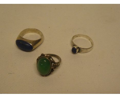 Two various silver dress rings set lapis lazuli and one other jade mounted dress ring (3)