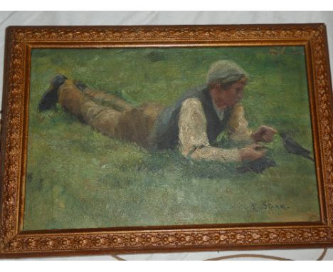 R** Stark - oil on boardStudy of a recumbent boy with birds, signed 6" x 9"