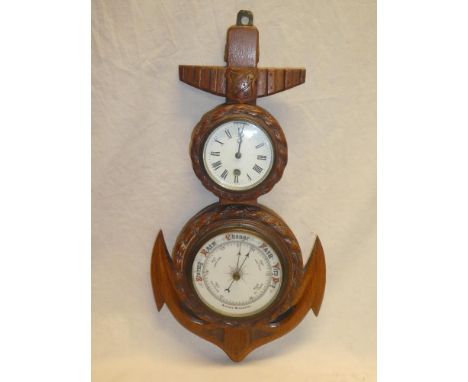An unusual nautical-style clock and barometer set comprising an aneroid barometer with circular ceramic dial below a circular