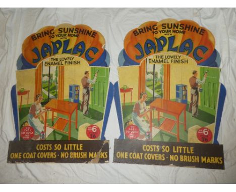 Two old stand-up card adverts "Bring Sunshine To Your Home With Japlac - The Lovely Enamel Finish" 34" high