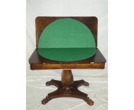 A Victorian rosewood rectangular turnover-top card table with baize lined playing surface on central column with plateau base