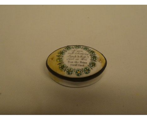 A late 18th/early 19th century enamelled oval patch box with mirror interior, the hinged lid marked "If You Seek What's Fair 