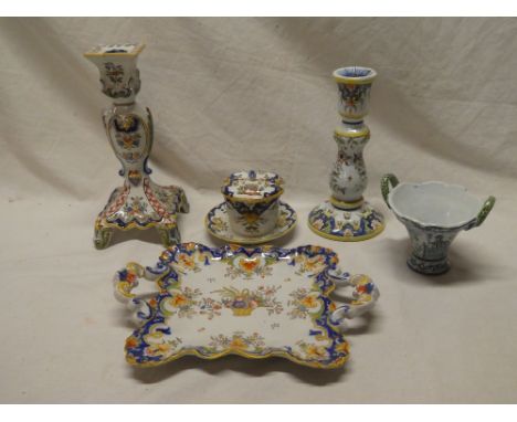 Two French Quimper tapered candlesticks with floral decoration, similar two-handled square plate, preserve jar and vase