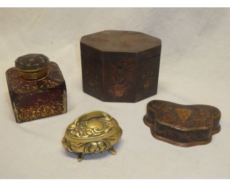 A 19th century ruby-tinted glass square inkwell and stopper with gilt scroll decoration; 19th century crude painted wood tea 