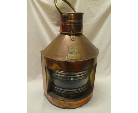 A brass mounted copper nautical ship's lamp marked "Tribord" with Seahorse trade mark and original oil lamp fitment 25½" over