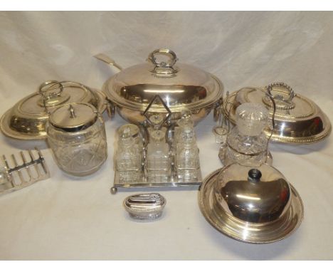 A selection of various electroplated items including large oval two-handled tureen and cover, two entree dishes, six bottle c
