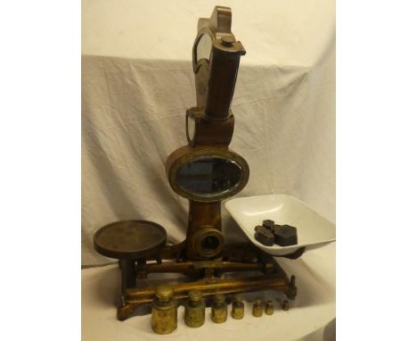 A painted metal commercial fan scales by the Automatic Scale Co. Ltd with enamelled pan and a selection of various brass and 