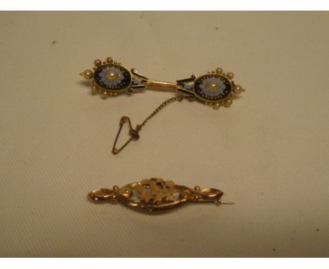 A 9ct gold bar brooch with enamel and pearl decoration and one other 9ct gold pierced bar brooch (2)