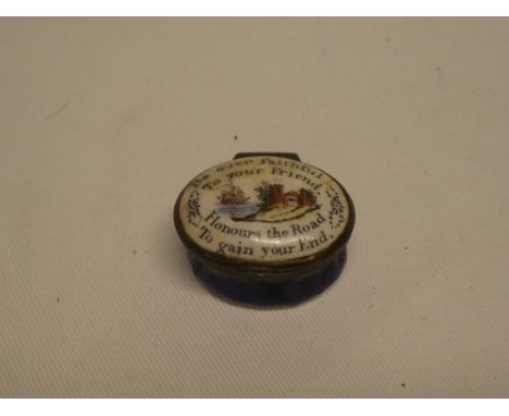 A late 18th/early 19th century enamelled oval patch box with mirror interior, the hinged lid marked "Be Ever Faithful To Your
