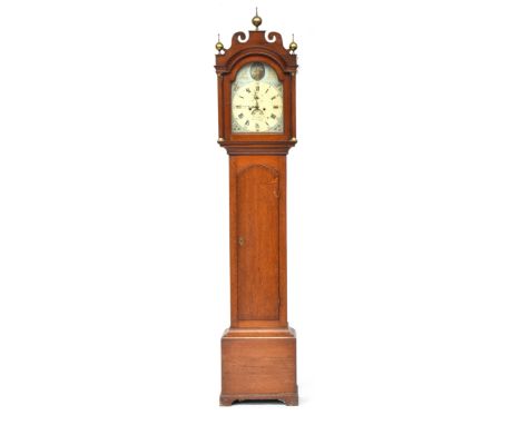 An oak longcase clock, dome top, the 11.5" painted arched dial inscribed Vurley, Wisbeach, Roman numerals and Arabic minutes,