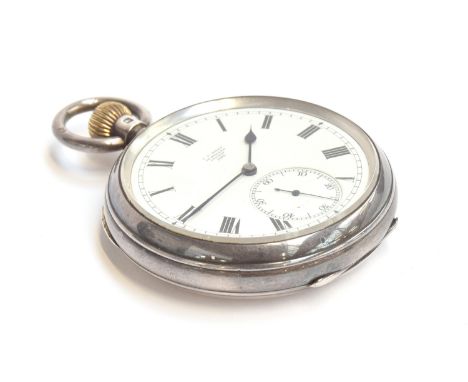 A silver open face fob watch, Arabic numerals to white enamel dial, with outer minute track and subsidiary seconds, by C L Re