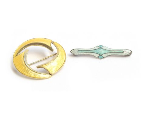 A Norwegian silver and yellow guilloche enamel modernist brooch by Bull, Jansen &amp; Prydz, 3.7cm diameter; together with on