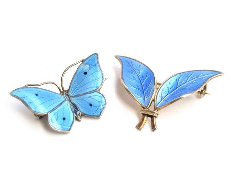 A David Anderson silver and guilloche enamel leaf brooch, 4cm wide; together with a Marius Hammer 930S silver butterfly guill