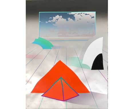 Circle of Benjamin, 'Silver Geometric', a large abstract screen print with geometric forms over silver ground, indistinctly p