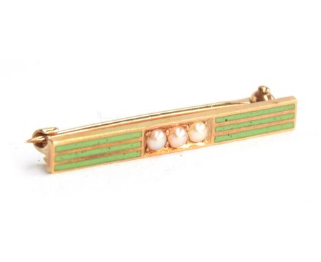 A small 14ct gold brooch with lime green enamel stripe decoration, set with three central seed pearls, 2.5cm long, approx. 1.