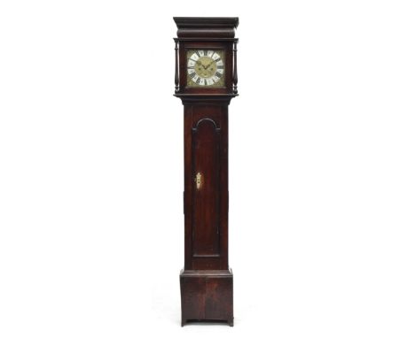 An oak longcase clock, moulded pediment, the 10" dial with silvered chapter ring and Roman numerals, with date, inscribed Joh