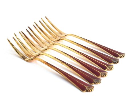 A set of six cased 19th century silver gilt and guilloche enamel Norwegian cocktail forks, by David Andersen 