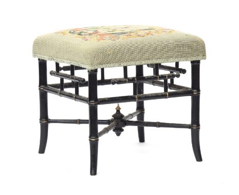 An ebonised and parcel gilt faux bamboo stool in the Chinese Chippendale style, with bird of paradise grospoint seat, 49cm sq