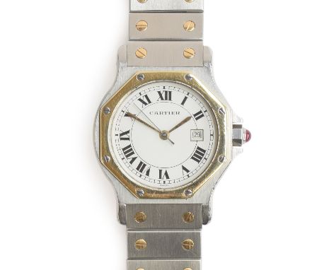 A Cartier Santos octagonal steel and gold automatic bracelet wristwatch, the white dial with date and Roman numerals, cabocho