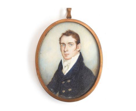 An early 19th century portrait miniature on ivory of a gentleman in Regency dress, in a gilt metal frame, 8x6.5cm 