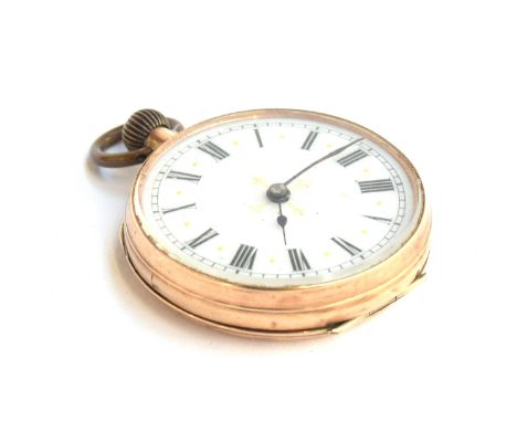 A 9ct gold fob watch, enamel dial with Roman numerals, gilt fleur de lis design to centre, the reverse engraved with foliate 