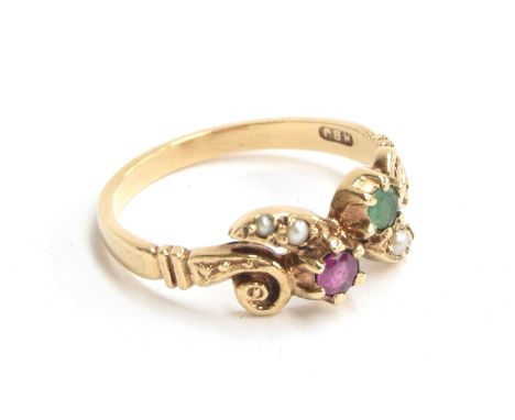 A 9ct gold ring set with an emerald, ruby and seed pearls, size M, approx. 2.2g 