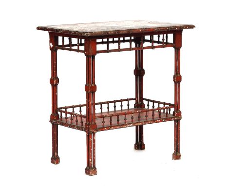 A George III scarlet lacquered and gilt Chippendale style faux bamboo chinoiserie occasional table, c.1760, clustered legs wi