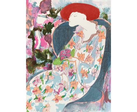 Linda le Kinff (French b.1949), lady holding flowers 8/20, signed and numbered in pencil lithograph 50x65cm 