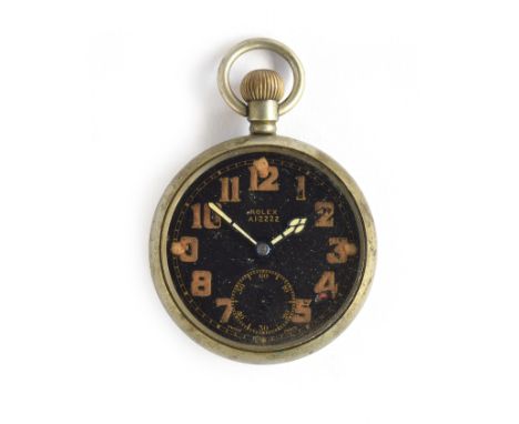 A Rolex British military issue open face pocket watch, the black dial with luminous Arabic numerals and subsidiary seconds, m