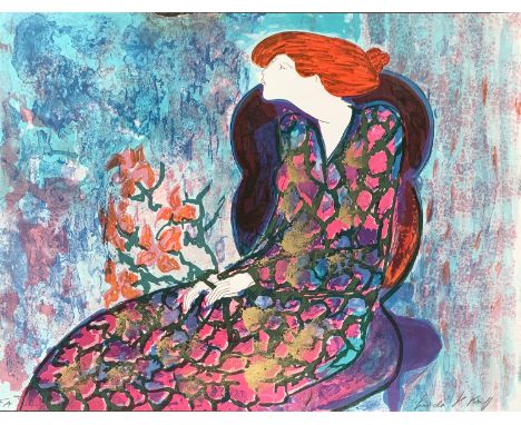 Linda le Kinff (French b.1949), lady with flowers, 7/20, signed and numbered in pencil lithograph 65x50cm 