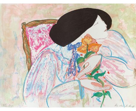 Linda le Kinff (French b.1949), lady holding rose 8/20, signed and numbered in pencil lithograph 50x65cm 