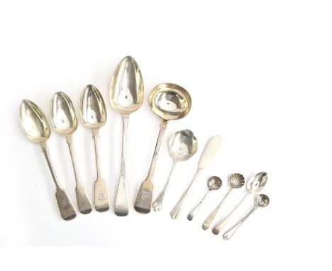 A small lot of Georgian and later silver flatware, to include a sauce ladle by William Chawner II, London 1826; a pair of fid