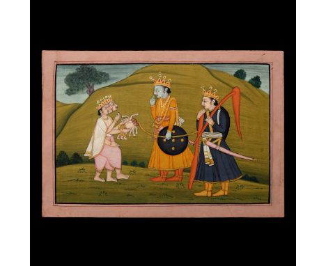 Late 19th-mid 20th century AD. A hand-painted scene of two crowned noblemen facing three crowned maidens; the central male wi