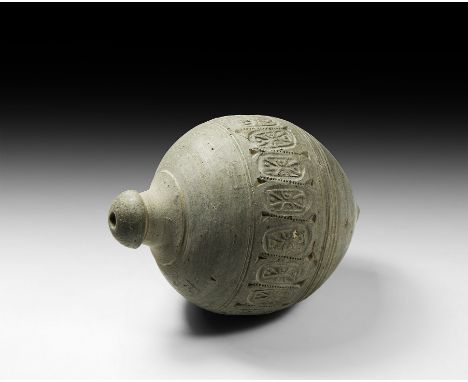 9th-11th century AD. A substantial hollow ceramic vessel, biconical in shape, intended to be filled with explosive liquid and