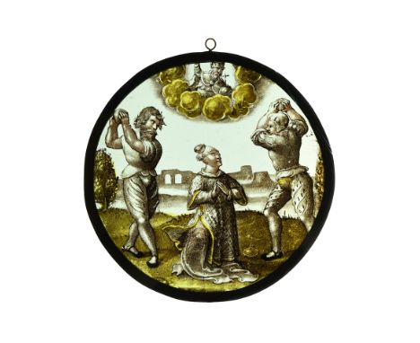 Low Countries, c.1540 AD. A stained glass window disc insert in a lead-alloy frame; painted scene of St. Stephen kneeling wit