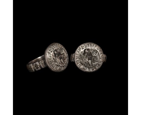 17th-18th century AD. A substantial silver ring with D-section hoop decorated with sub-rectangular panels bearing geometric f