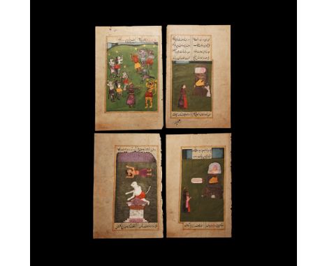 c.1580-1620 AD. A set of four vellum manuscript pages illustrating scenes from an epic tale, each with a panel of calligraphi
