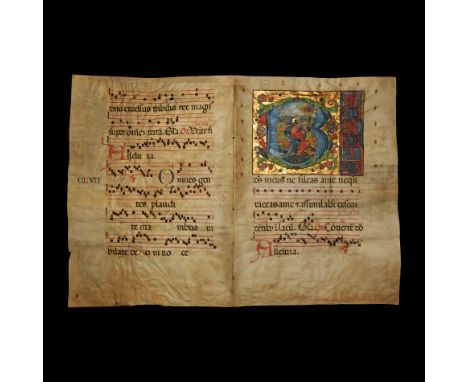 Italy, probably Lombardy, c.1480-1500 AD. A large vellum manuscript psalter leaf (four sides) with large Lombard script porti