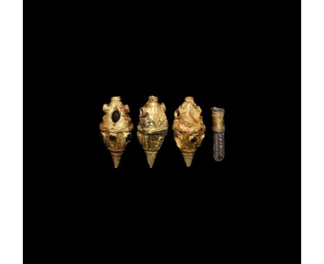 3rd-1st century BC. A group of three large gold amphora-shaped pendants; bodies composed of hollow-formed spheres decorated w