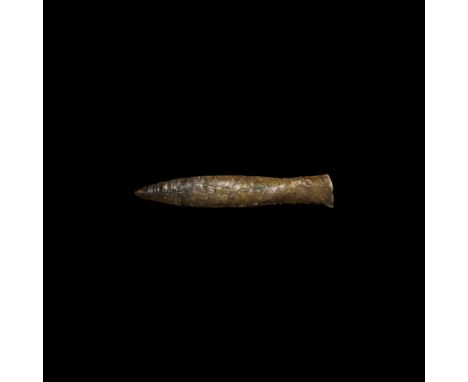 Neolithic, 8th-5th millennium BC. A superbly knapped bifacial flint knife, the long leaf-shaped blade tapering out to an oval