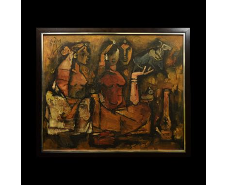 20th century AD. An oil-on-canvas painting of three crouching female figures with lamp and zebu; attributed to M F Husain. 4.