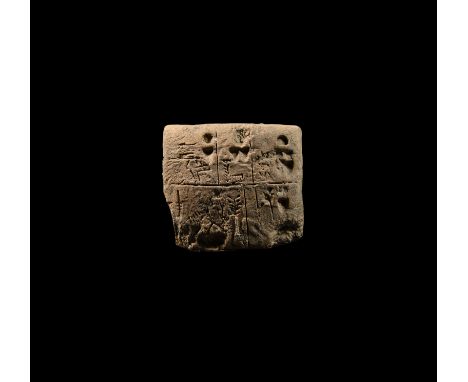 c.3000 BC. A single rectangular biconvex clay tablet with impressed grid and pictograms to one face; accompanied by a hand wr