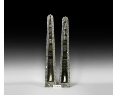 Devonian Period, 417-354 million years BP. A matched pair of magnificent Orthoceras sp. specimens; each on matrix and cut to 