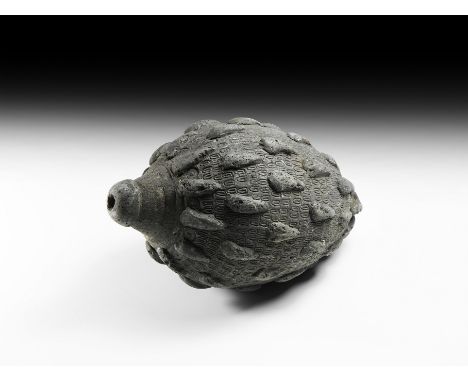 9th-11th century AD. A substantial hollow ceramic vessel, biconical in shape, intended to be filled with explosive liquid and