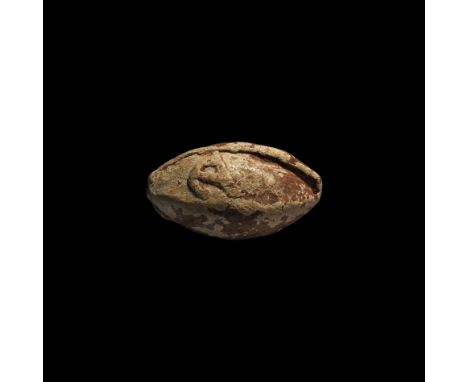 1st century BC. A biconical facetted lentoid-section sling lead shot (glans) specimen with inscription '[C] A [ES]' referenci