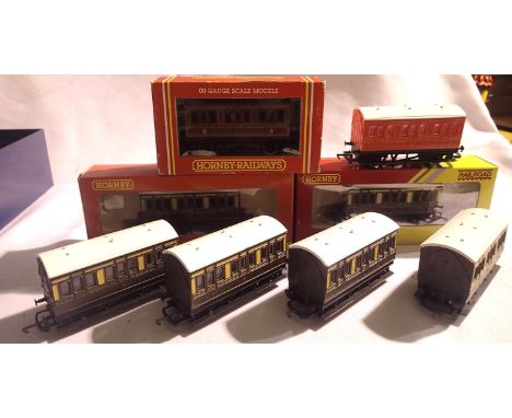 OO scale Hornby four wheel type coaches x8, comprising of chocolate/cream (x3 boxed), LMS maroon boxed and red, mostly in ver