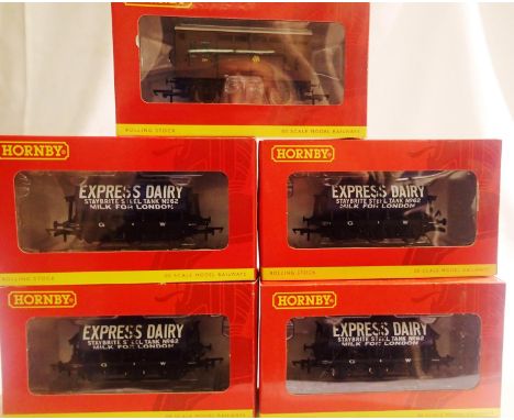 Five Hornby wagons, all near mint, slight wear to boxes: R6378 six wheel tanker Express Dairy x4, R6507 GWR horse box. P&amp;