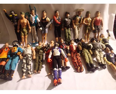 Twenty one assorted action man type dolls plus accessories including bicycle, motorbike, skateboard etc some with damage. P&a